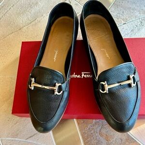 Salvatore Ferragamo Black Leather Loafers with Silver Detailing
